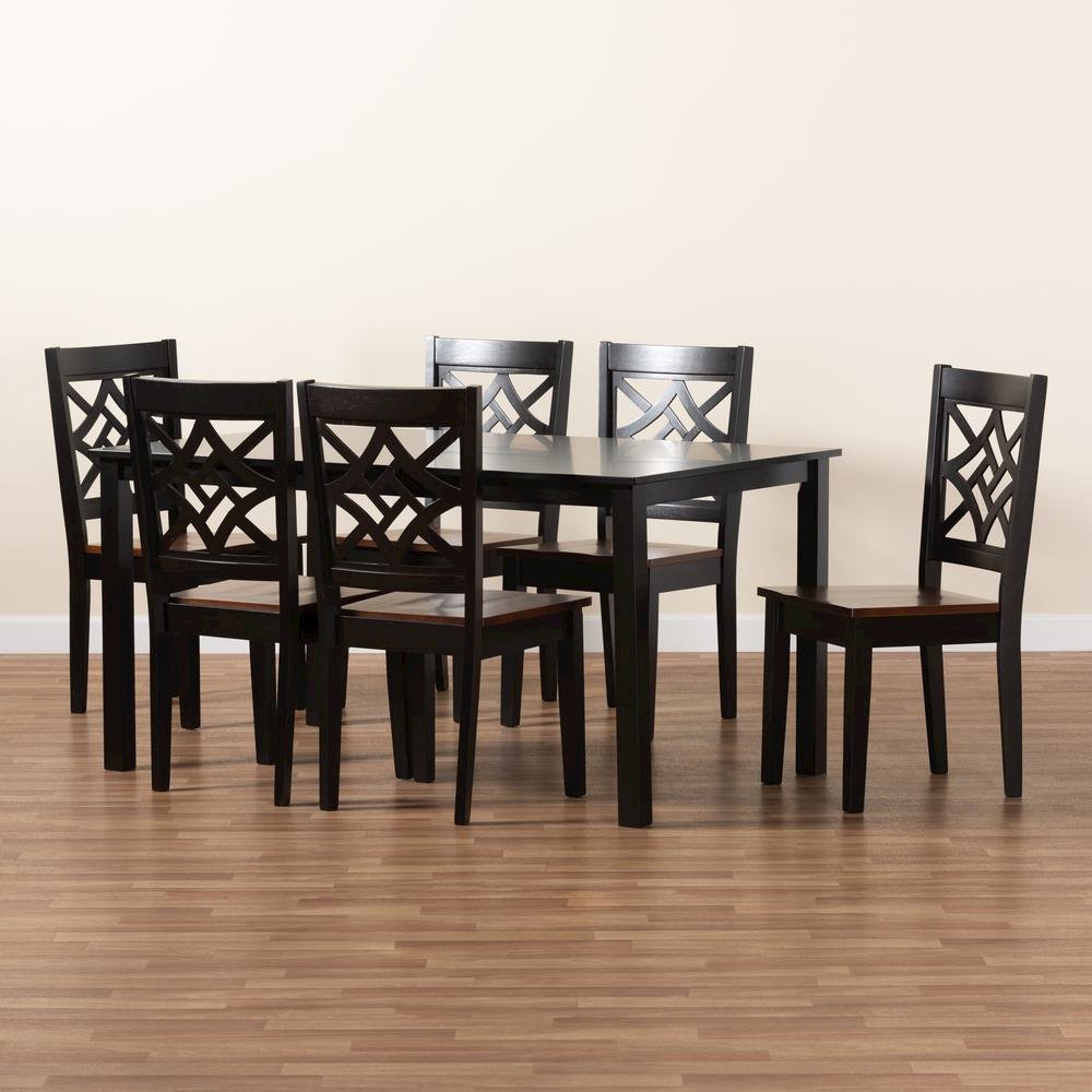 Two-Tone Dark Brown and Walnut Brown Finished Wood 7-Piece Dining Set. Picture 17