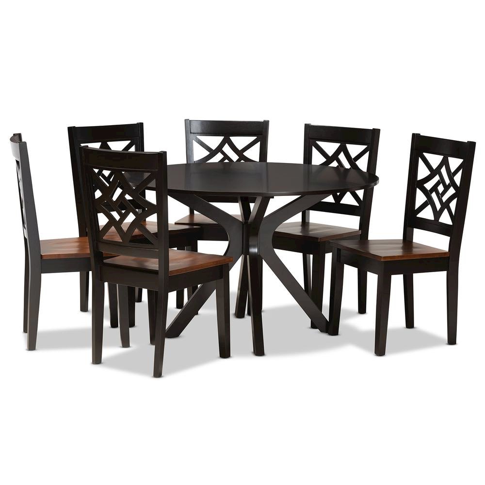 Two-Tone Dark Brown and Walnut Brown Finished Wood 7-Piece Dining Set. Picture 10