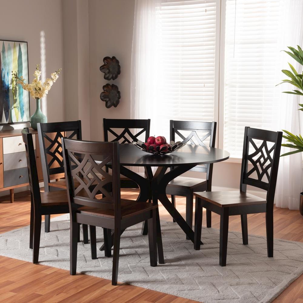 Two-Tone Dark Brown and Walnut Brown Finished Wood 7-Piece Dining Set. Picture 16