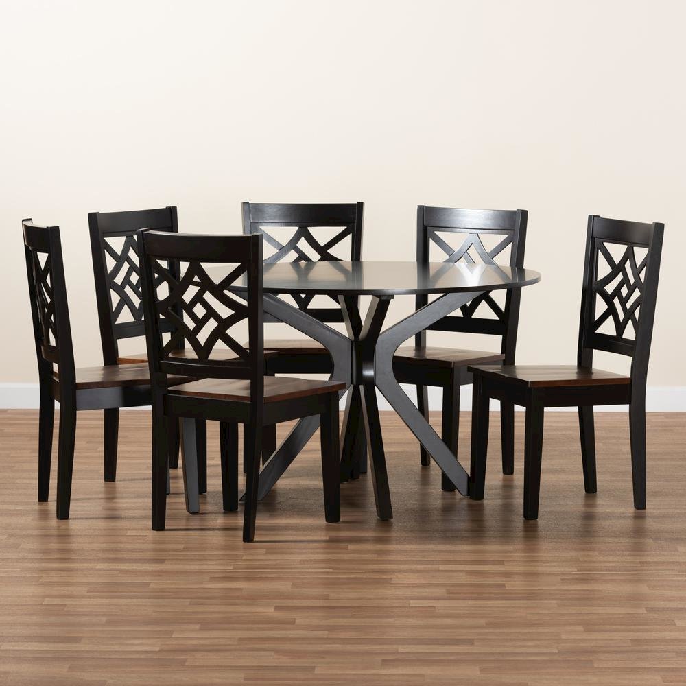 Two-Tone Dark Brown and Walnut Brown Finished Wood 7-Piece Dining Set. Picture 17