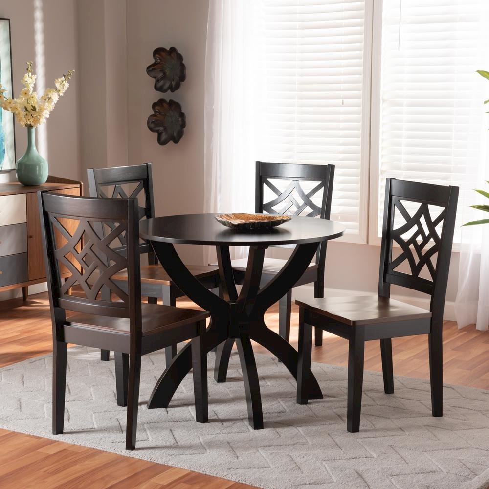 Two-Tone Dark Brown and Walnut Brown Finished Wood 5-Piece Dining Set. Picture 16