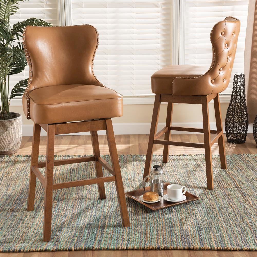 Leather Upholstered and Walnut Brown Finished Wood 2-Piece Swivel Bar Stool Set. Picture 16