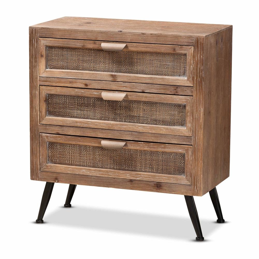 Whitewashed Natural Brown Finished Wood and Rattan 3-Drawer Storage Cabinet. Picture 10