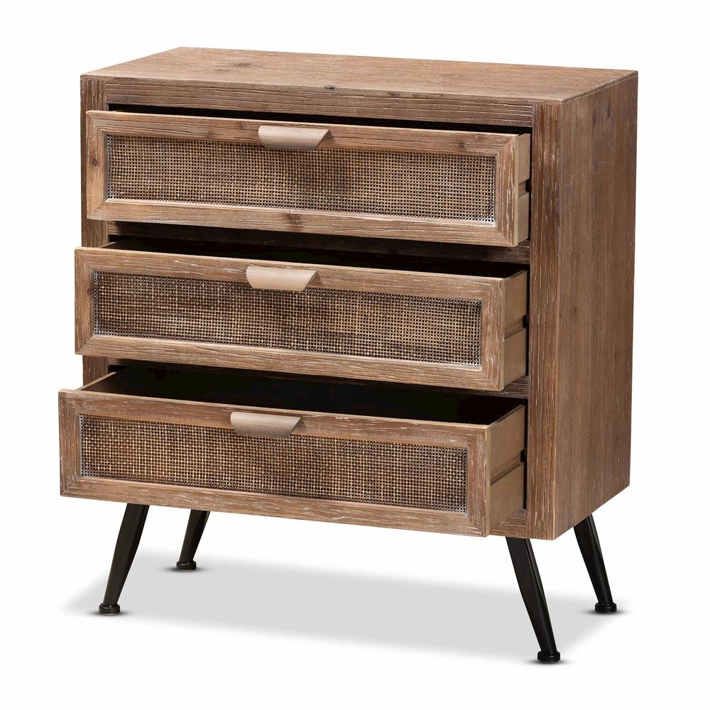 Whitewashed Natural Brown Finished Wood and Rattan 3-Drawer Storage Cabinet. Picture 11