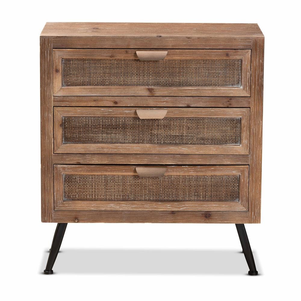 Whitewashed Natural Brown Finished Wood and Rattan 3-Drawer Storage Cabinet. Picture 12