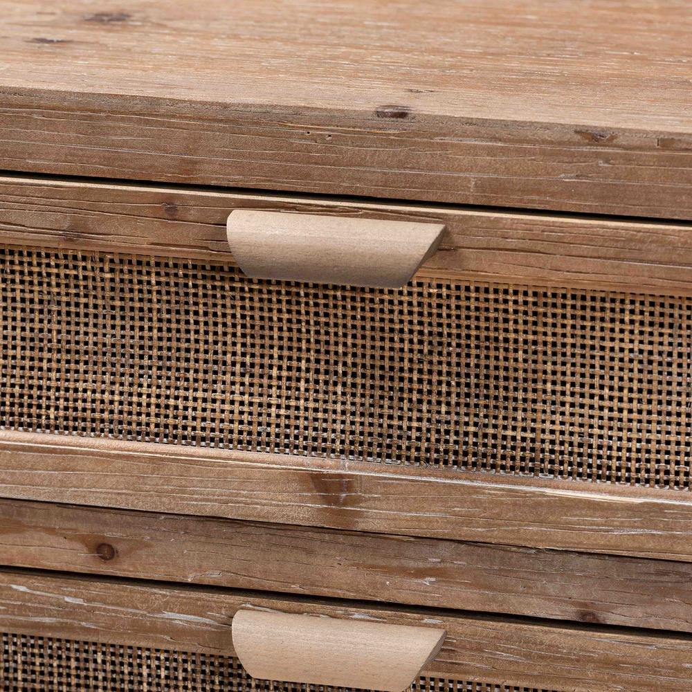Whitewashed Natural Brown Finished Wood and Rattan 3-Drawer Storage Cabinet. Picture 14