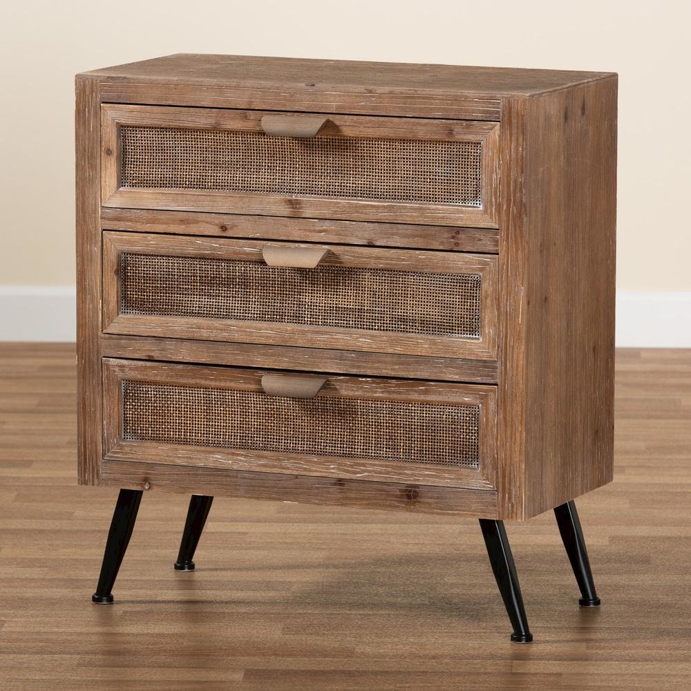 Whitewashed Natural Brown Finished Wood and Rattan 3-Drawer Storage Cabinet. Picture 17