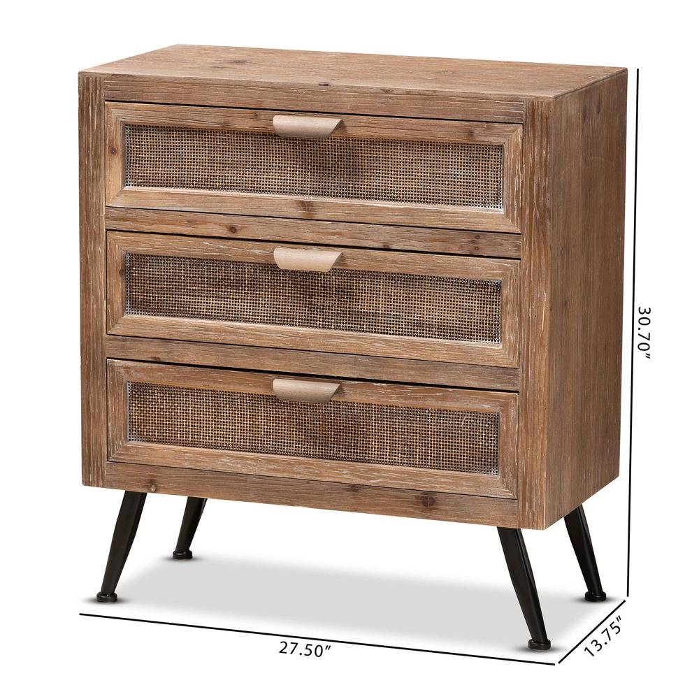 Whitewashed Natural Brown Finished Wood and Rattan 3-Drawer Storage Cabinet. Picture 18