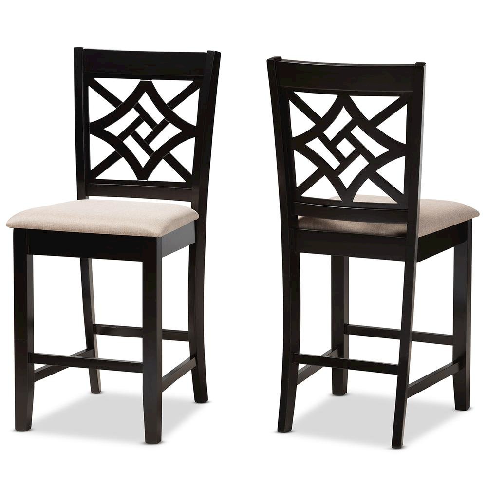 Sand Fabric Upholstered and Dark Brown Finished Wood 2-Piece Counter Stool Set. Picture 9