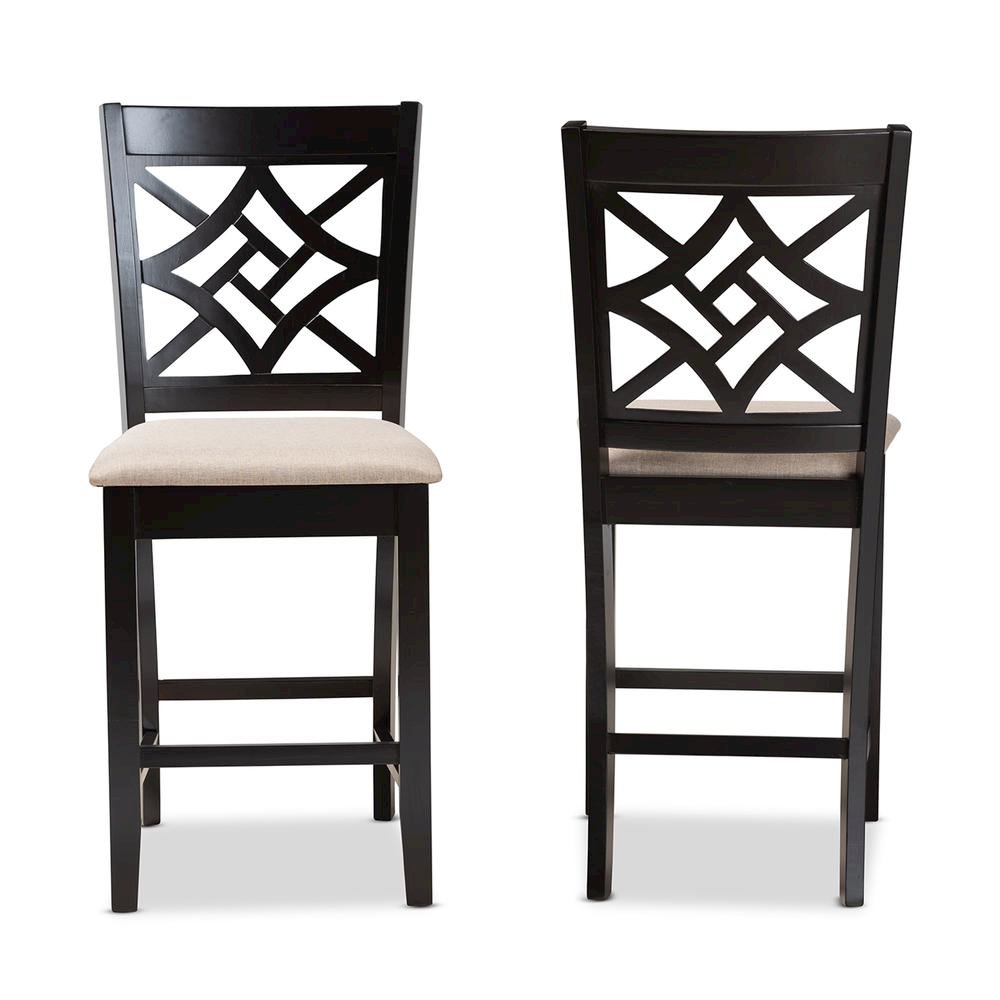 Sand Fabric Upholstered and Dark Brown Finished Wood 2-Piece Counter Stool Set. Picture 10