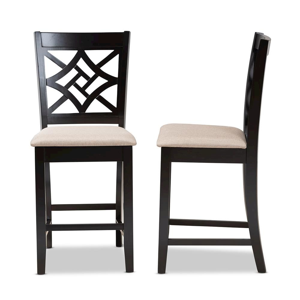 Sand Fabric Upholstered and Dark Brown Finished Wood 2-Piece Counter Stool Set. Picture 11