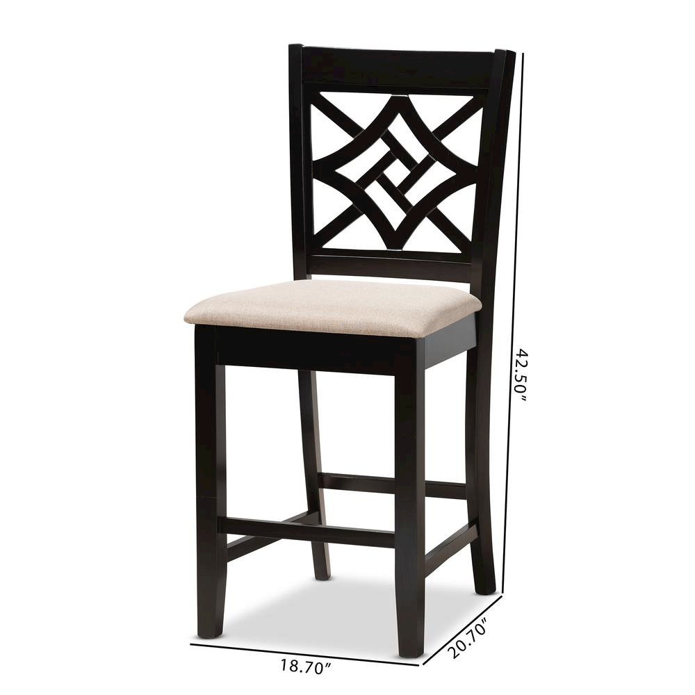 Sand Fabric Upholstered and Dark Brown Finished Wood 2-Piece Counter Stool Set. Picture 16