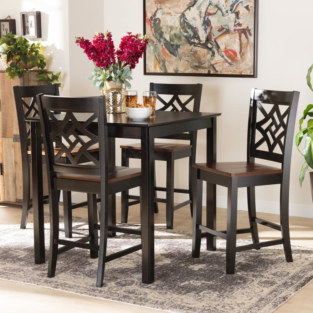 Two-Tone Dark Brown and Walnut Brown Finished Wood 5-Piece Pub Set. Picture 16