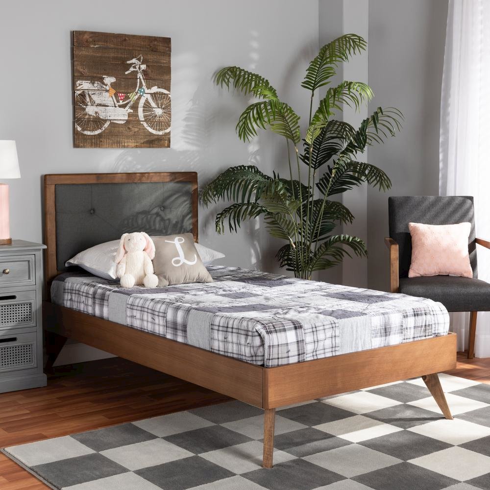 Walnut Brown Finished Wood Twin Size Platform Bed. Picture 17