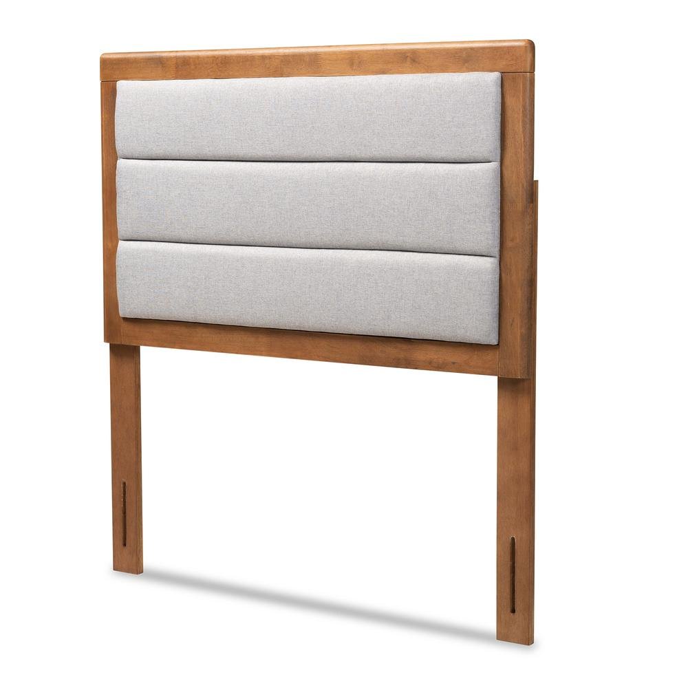 Light Grey Fabric Upholstered and Walnut Brown Finished Wood Twin Size Headboard. Picture 8