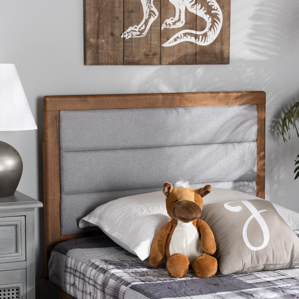 Light Grey Fabric Upholstered and Walnut Brown Finished Wood Twin Size Headboard. Picture 11