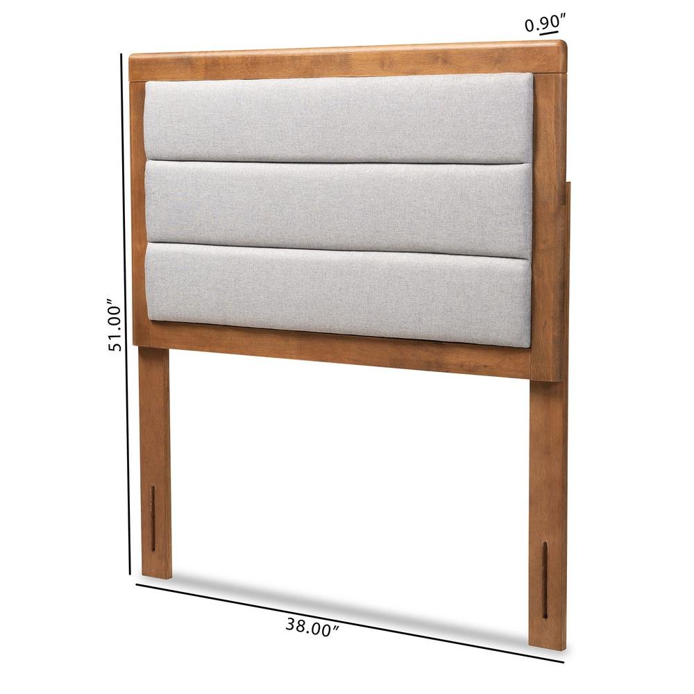 Light Grey Fabric Upholstered and Walnut Brown Finished Wood Twin Size Headboard. Picture 13