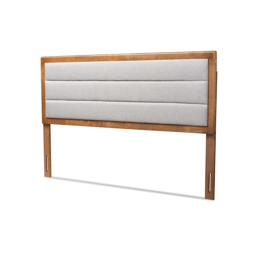 Light Grey Fabric Upholstered and Walnut Brown Finished Wood Full Size Headboard. Picture 10