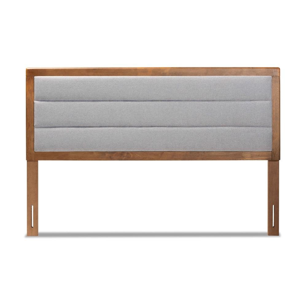 Light Grey Fabric Upholstered and Walnut Brown Finished Wood Full Size Headboard. Picture 11