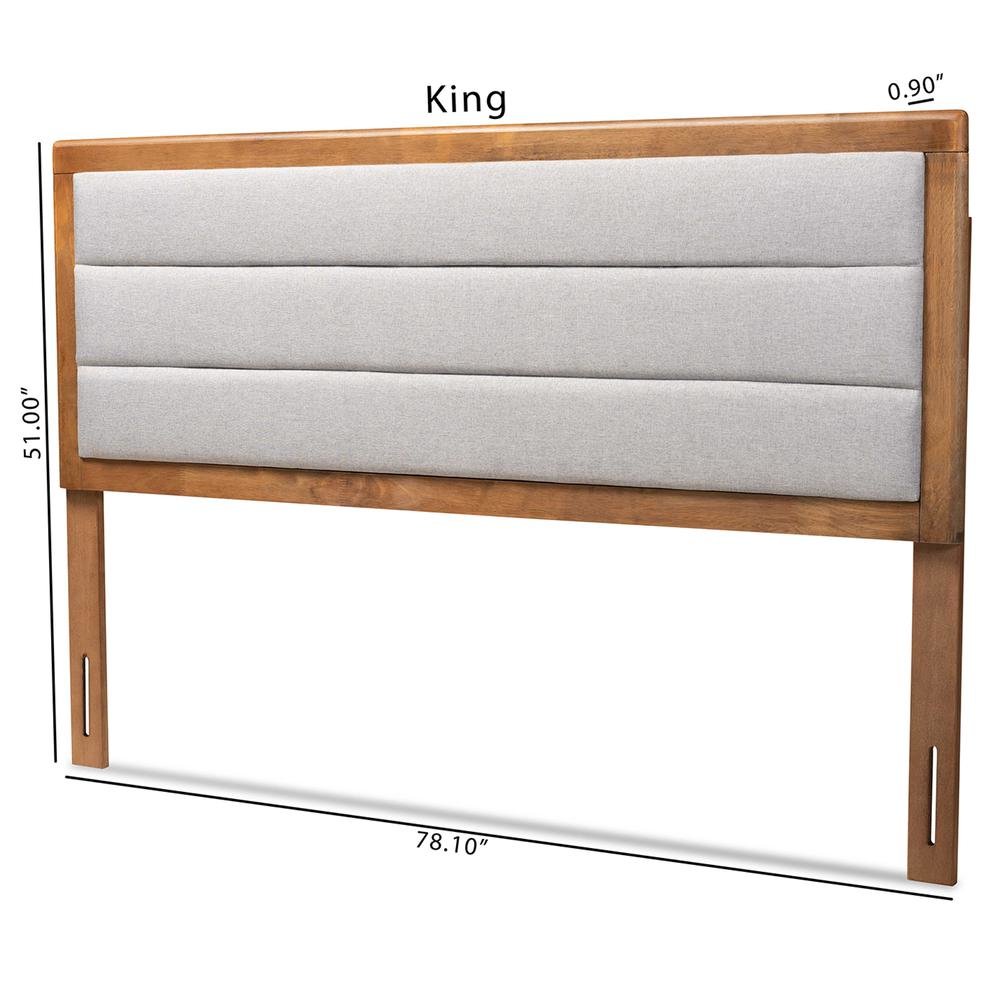 Light Grey Fabric Upholstered and Walnut Brown Finished Wood Full Size Headboard. Picture 17
