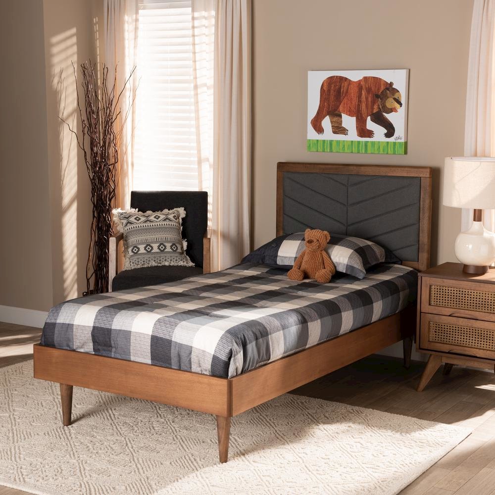 Walnut brown Finished Wood Twin Size Platform Bed. Picture 17