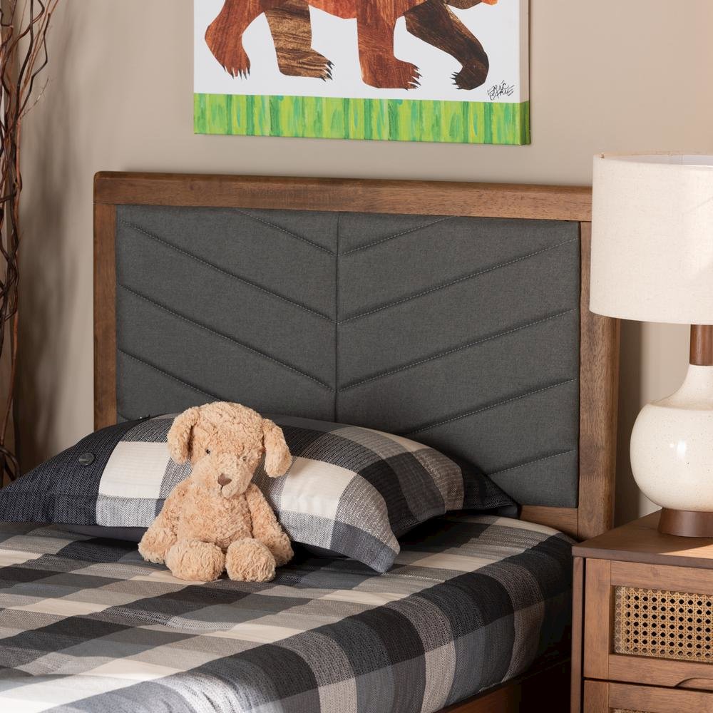 Dark Grey Fabric Upholstered and Walnut Brown Finished Wood Twin Size Headboard. Picture 11