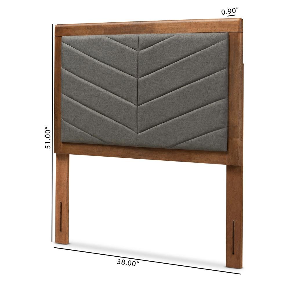 Dark Grey Fabric Upholstered and Walnut Brown Finished Wood Twin Size Headboard. Picture 13