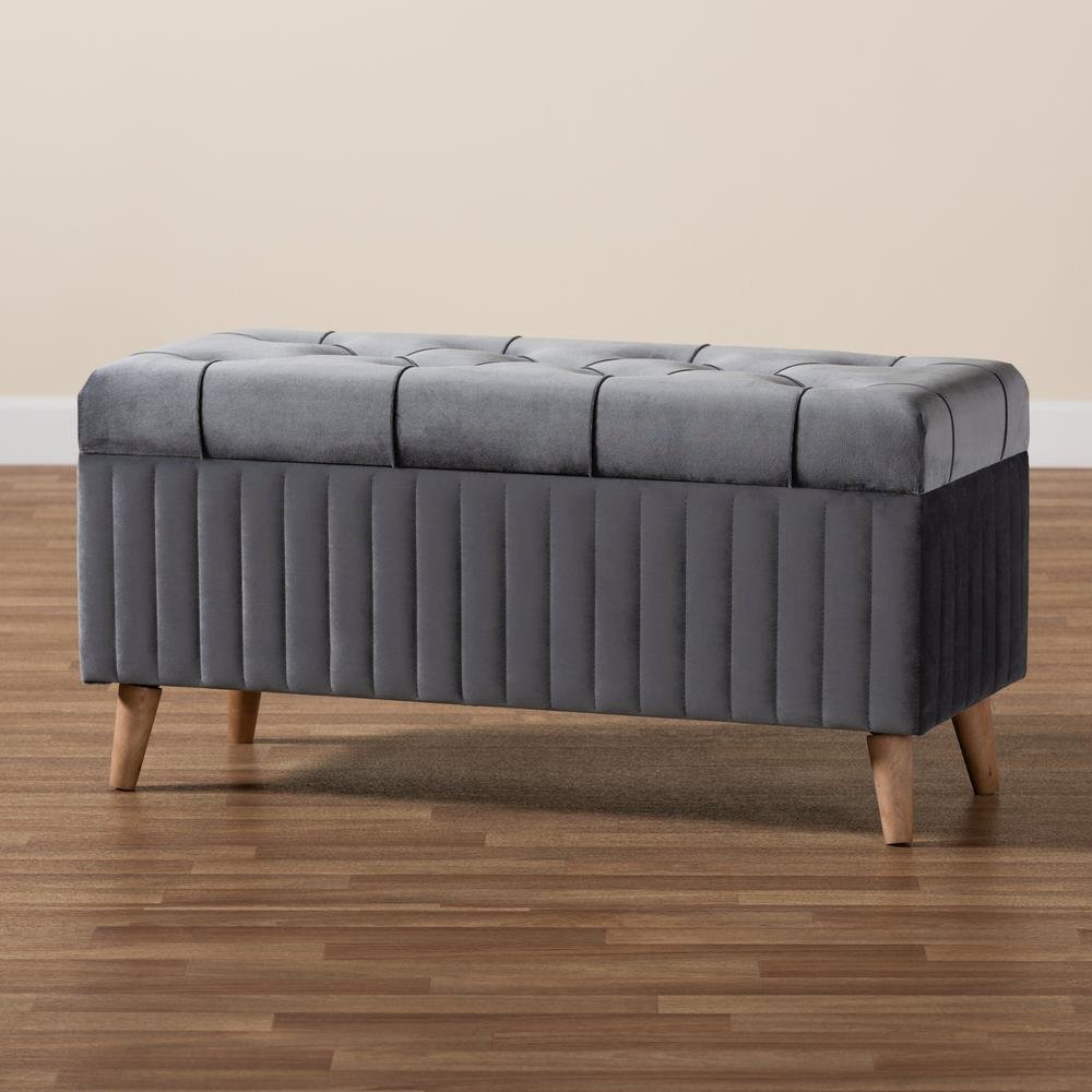 Grey Velvet Fabric Upholstered and Walnut Brown Finished Wood Storage Ottoman. Picture 21