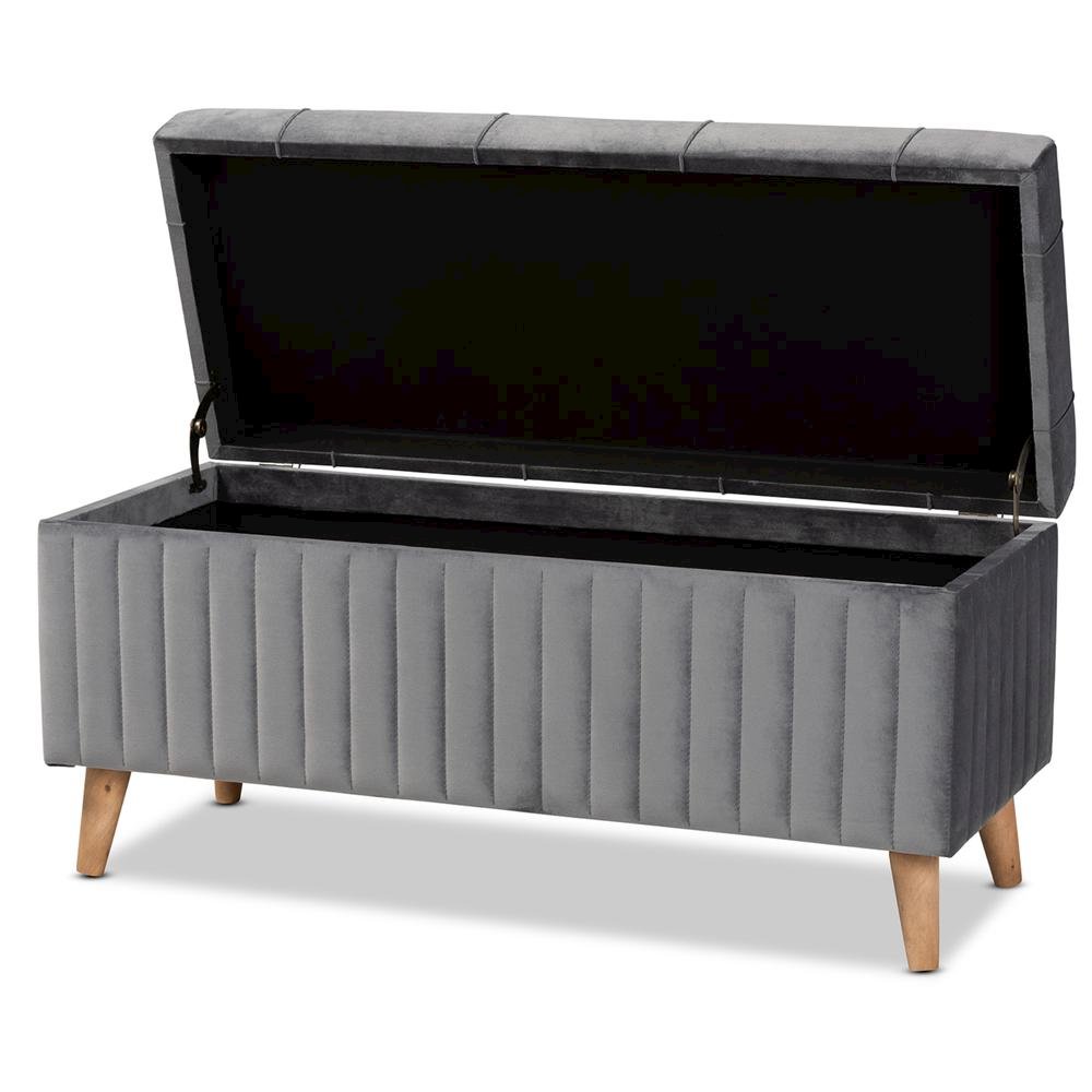 Grey Velvet Fabric Upholstered and Walnut Brown Finished Wood Storage Ottoman. Picture 13