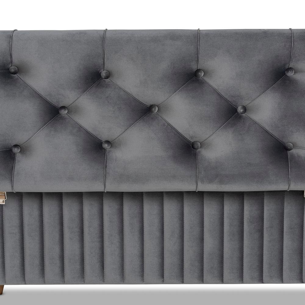 Grey Velvet Fabric Upholstered and Walnut Brown Finished Wood Storage Ottoman. Picture 17