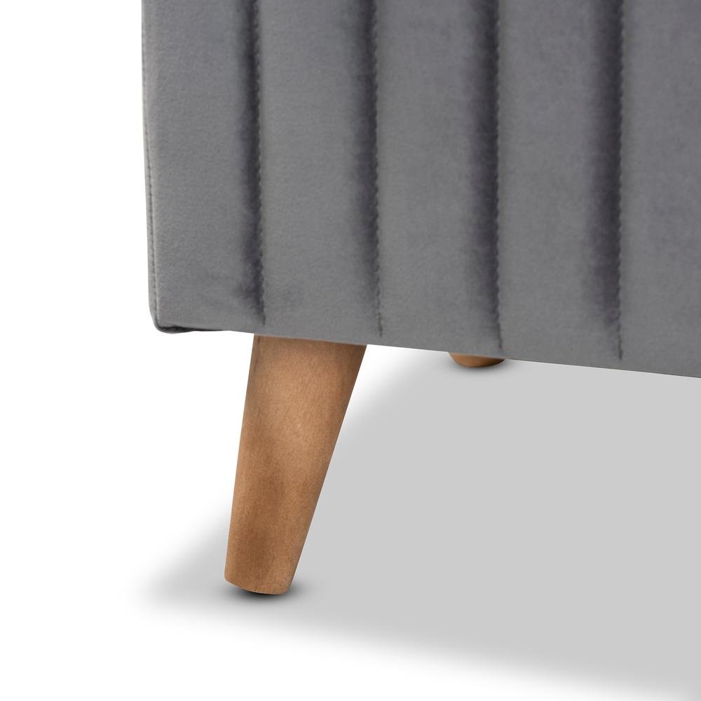 Grey Velvet Fabric Upholstered and Walnut Brown Finished Wood Storage Ottoman. Picture 18
