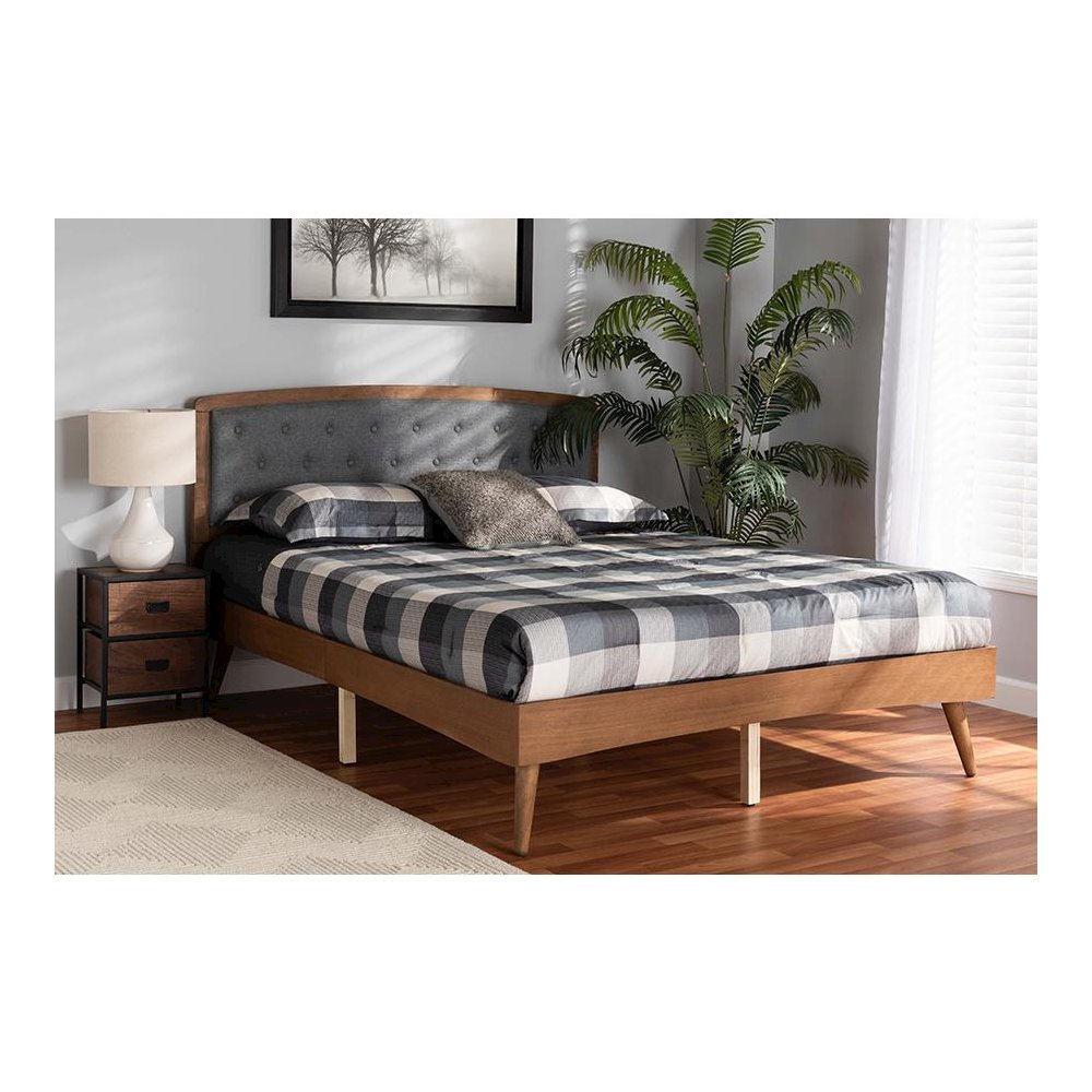 Baxton Studio Ratana Mid-Century Modern Transitional Grey Fabric Upholstered and Walnut Brown Finished Wood Full Size Platform Bed. Picture 8