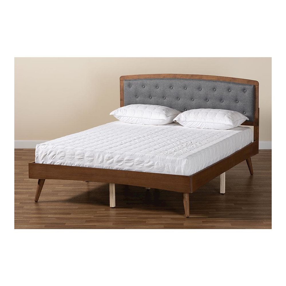 Baxton Studio Ratana Mid-Century Modern Transitional Grey Fabric Upholstered and Walnut Brown Finished Wood Queen Size Platform Bed. Picture 9
