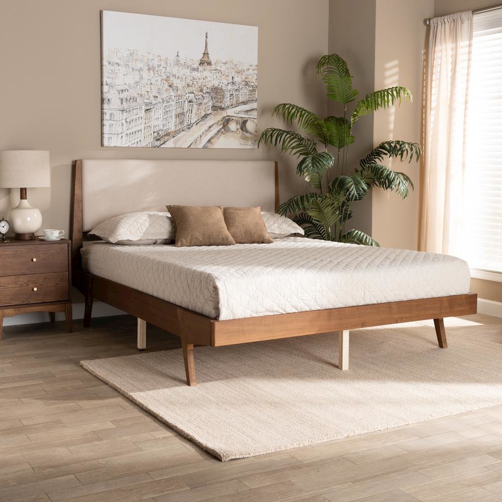 Beige Fabric Upholstered and Walnut Brown Finished Wood Full Size Platform Bed. Picture 18