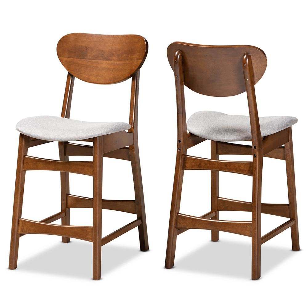 Grey Fabric Upholstered and Walnut Brown Finished Wood 2-Piece Counter Stool Set. Picture 9