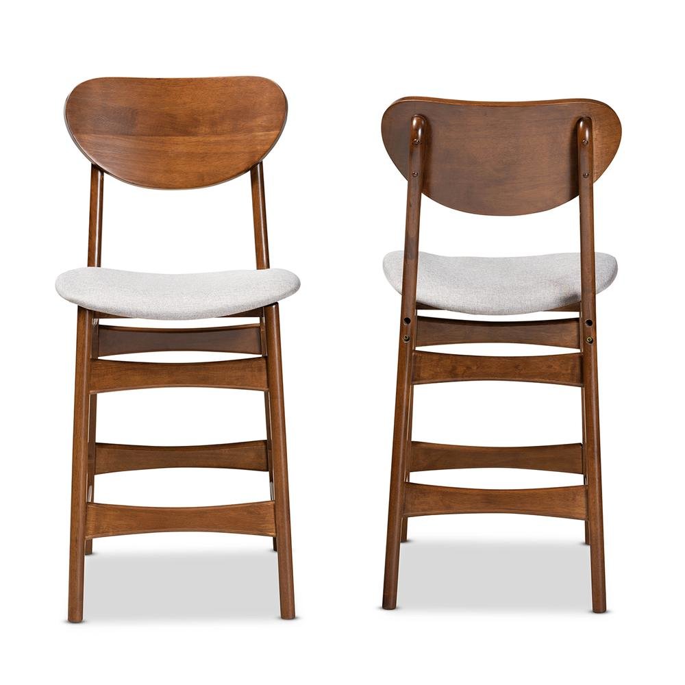 Grey Fabric Upholstered and Walnut Brown Finished Wood 2-Piece Counter Stool Set. Picture 10