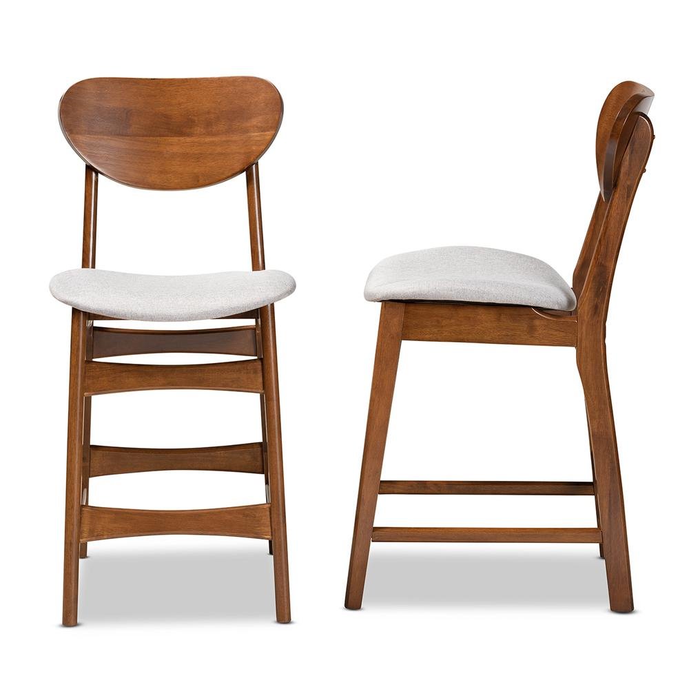 Grey Fabric Upholstered and Walnut Brown Finished Wood 2-Piece Counter Stool Set. Picture 11