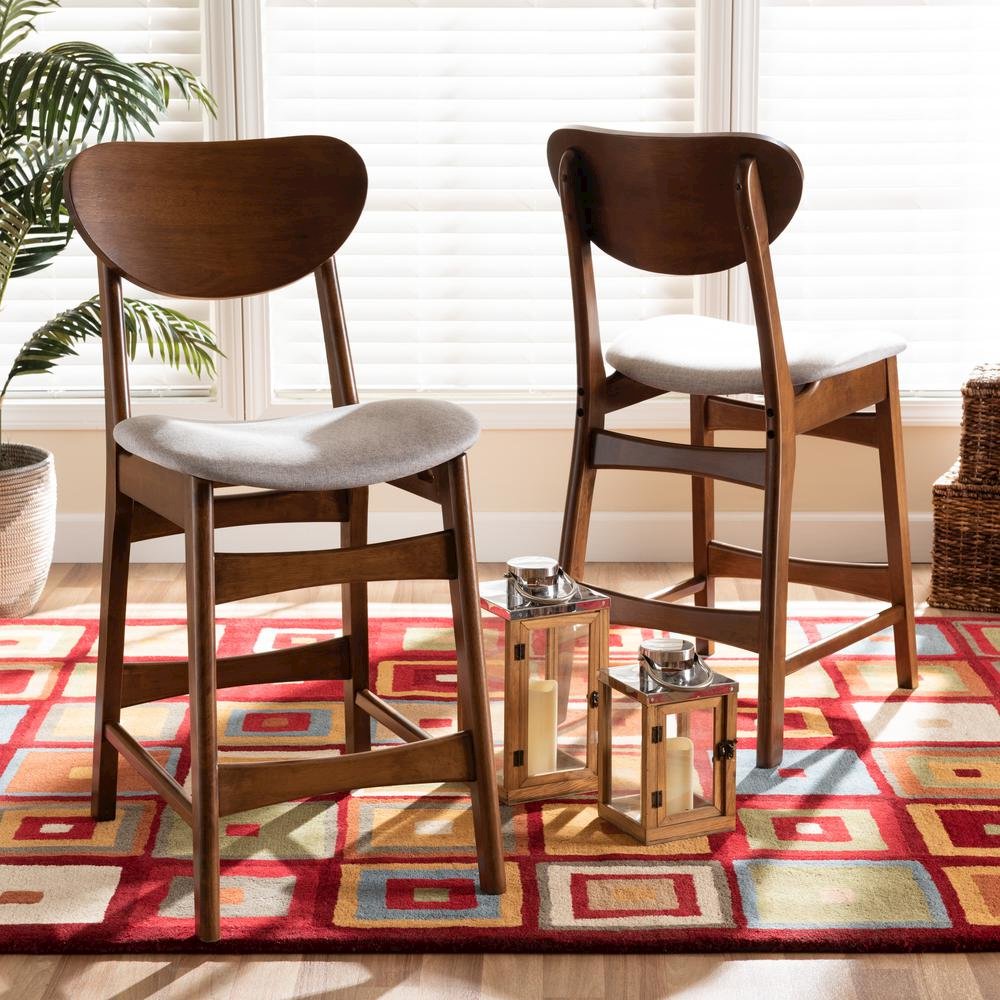 Grey Fabric Upholstered and Walnut Brown Finished Wood 2-Piece Counter Stool Set. Picture 14