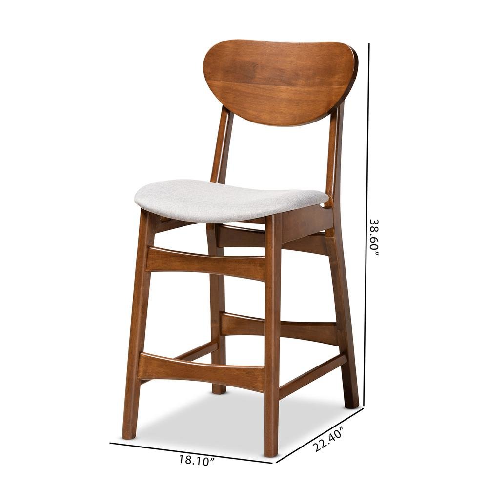 Grey Fabric Upholstered and Walnut Brown Finished Wood 2-Piece Counter Stool Set. Picture 16