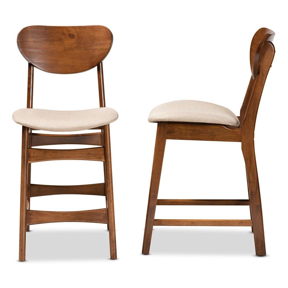 Sand Fabric Upholstered and Walnut Brown Finished Wood 2-Piece Counter Stool Set. Picture 11