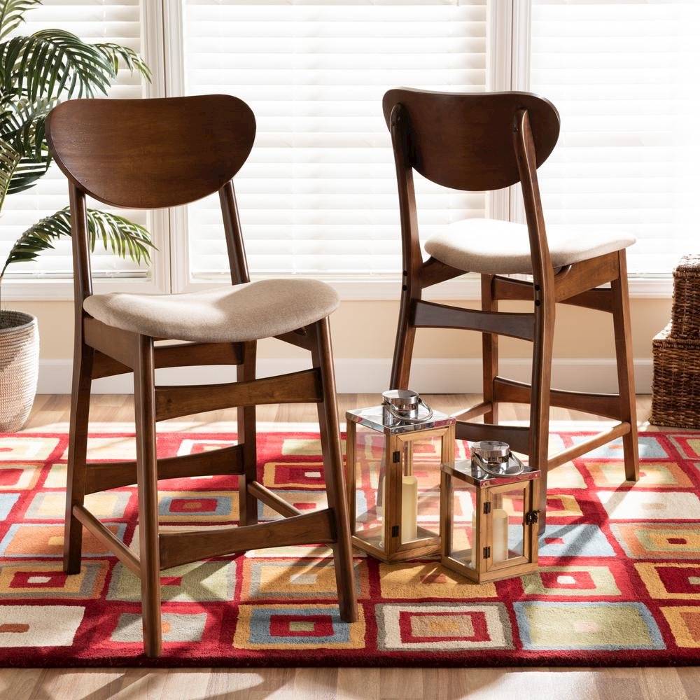 Sand Fabric Upholstered and Walnut Brown Finished Wood 2-Piece Counter Stool Set. Picture 14