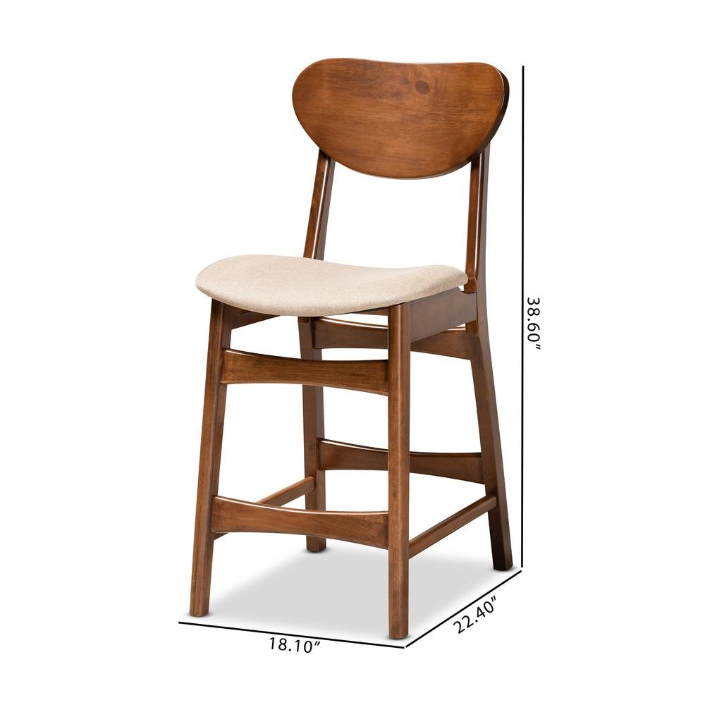 Sand Fabric Upholstered and Walnut Brown Finished Wood 2-Piece Counter Stool Set. Picture 16