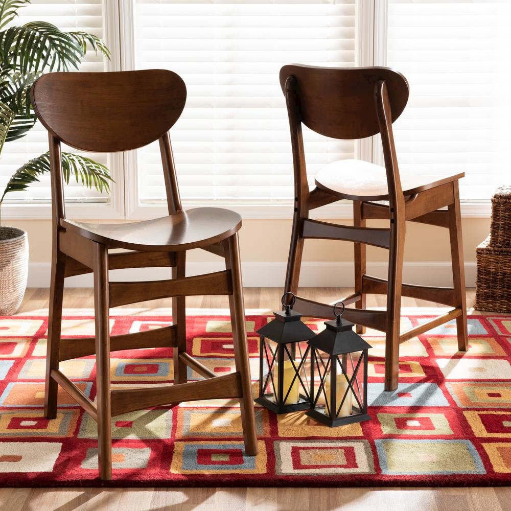 Katya Mid-Century Modern Walnut Brown Finished Wood 2-Piece Counter Stool Set. Picture 14