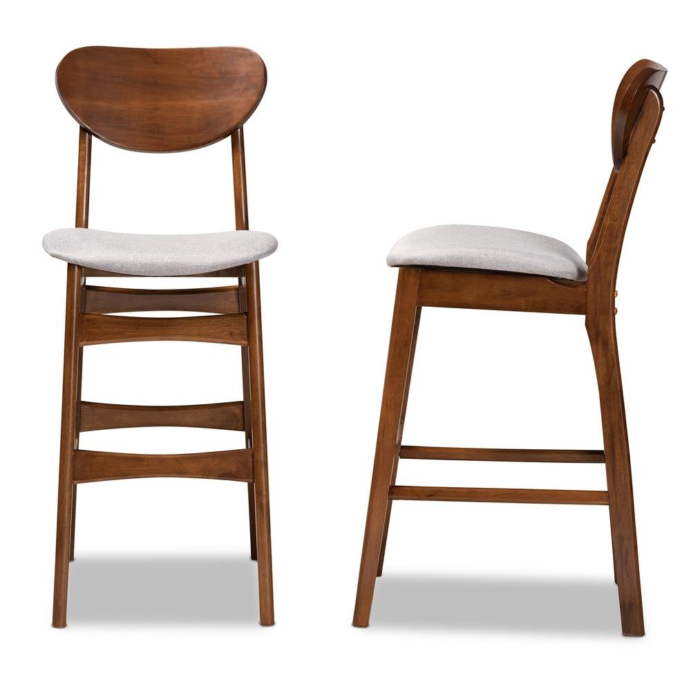 Grey Fabric Upholstered and Walnut Brown Finished Wood 2-Piece Bar Stool Set. Picture 11