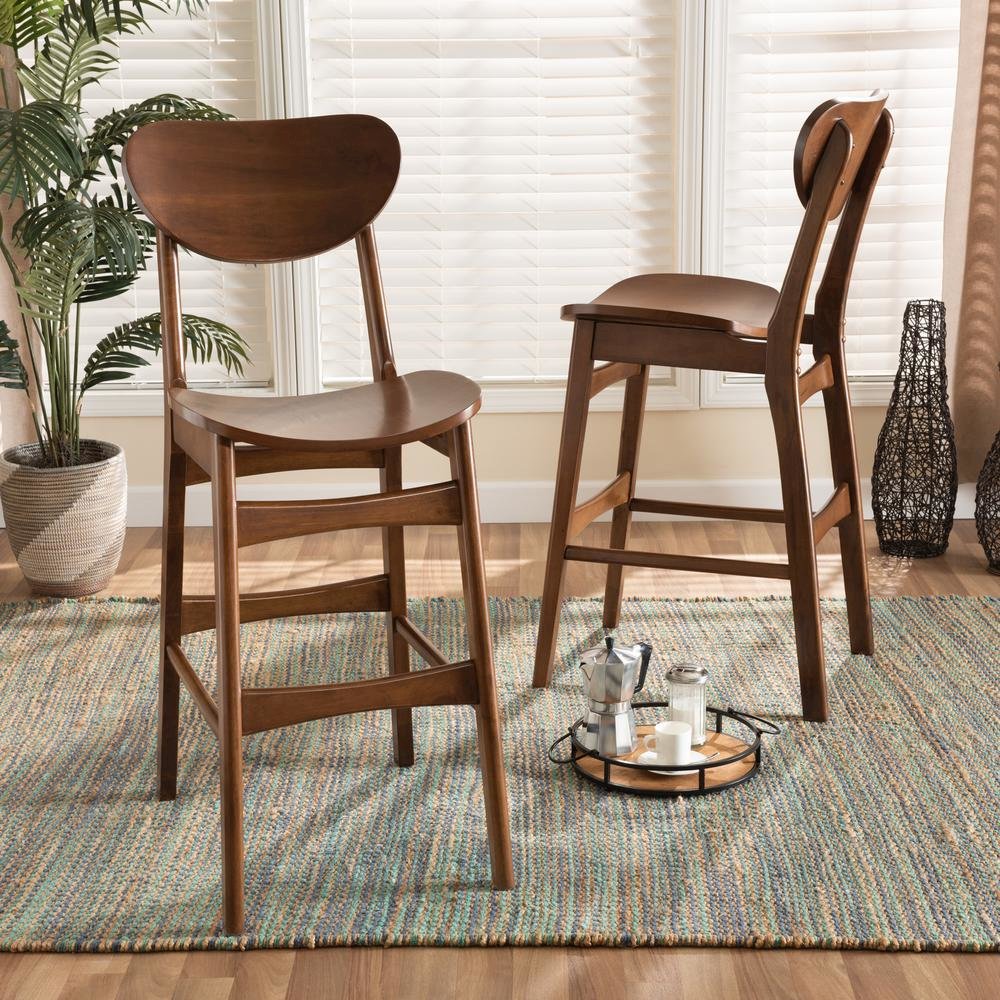 Katya Mid-Century Modern Walnut Brown Finished Wood 2-Piece Bar Stool Set. Picture 14