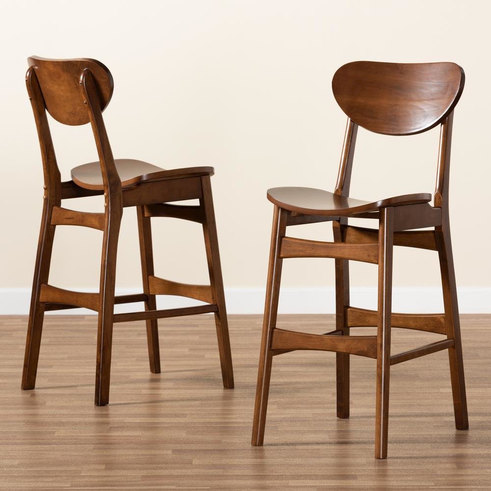 Katya Mid-Century Modern Walnut Brown Finished Wood 2-Piece Bar Stool Set. Picture 15