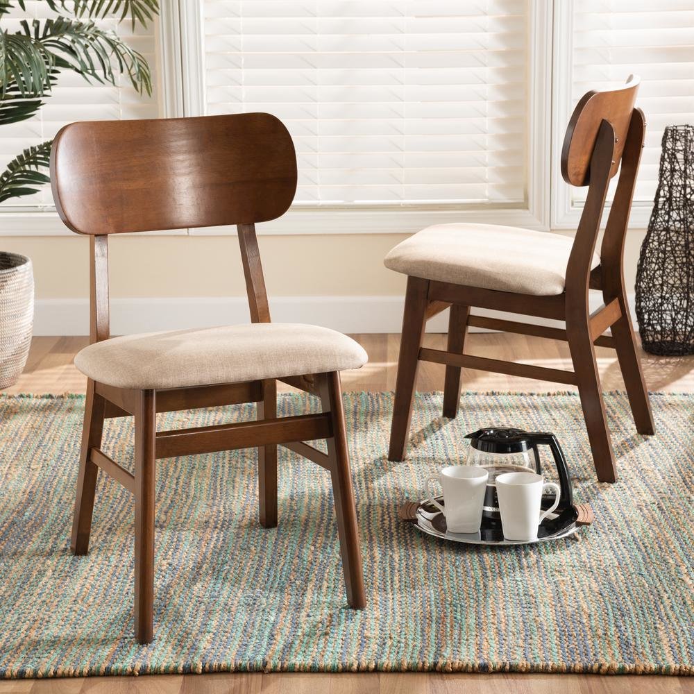 Sand Fabric Upholstered and Walnut Brown Finished Wood 2-Piece Dining Chair Set. Picture 14