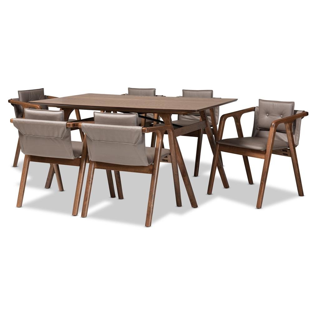 Mid-Century Modern Grey Imitation Leather, Walnut Brown Wood 7-Piece Dining Set. Picture 1