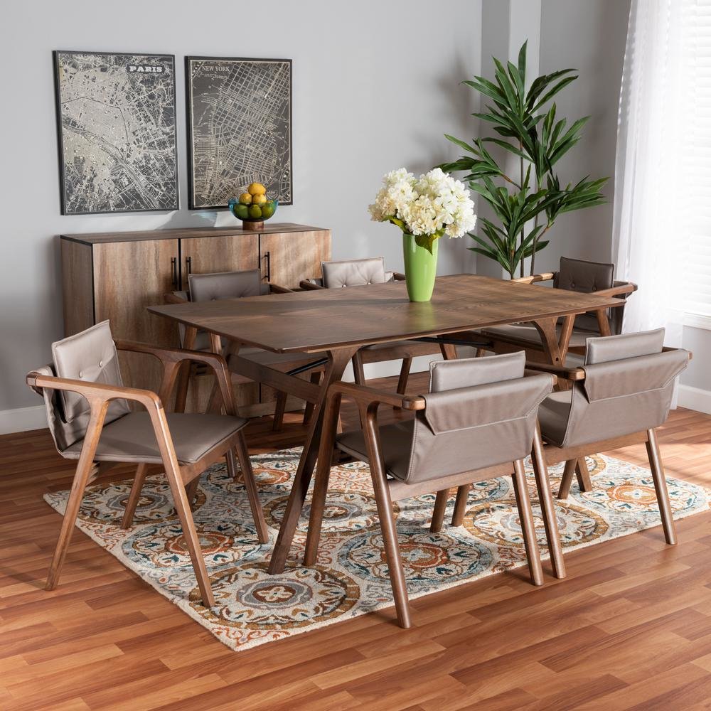 Mid-Century Modern Grey Imitation Leather, Walnut Brown Wood 7-Piece Dining Set. Picture 8