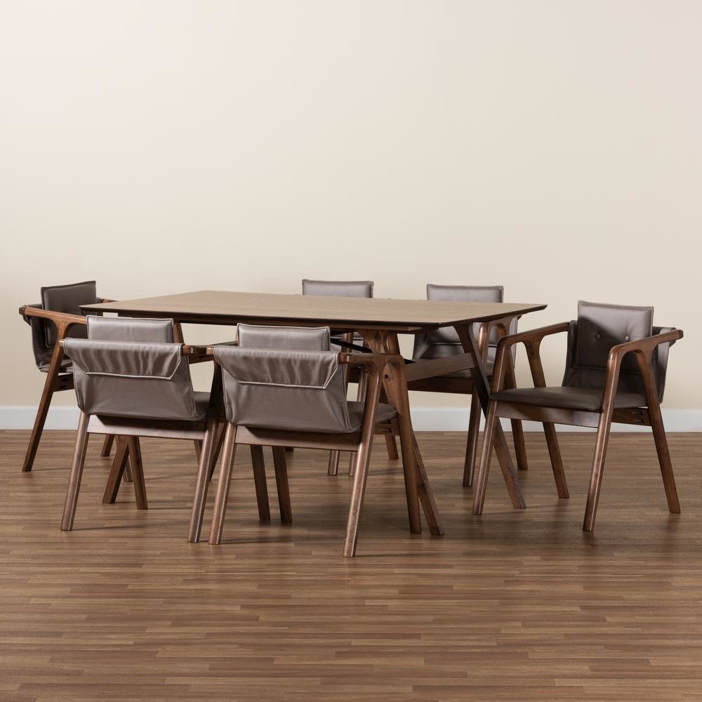 Mid-Century Modern Grey Imitation Leather, Walnut Brown Wood 7-Piece Dining Set. Picture 9